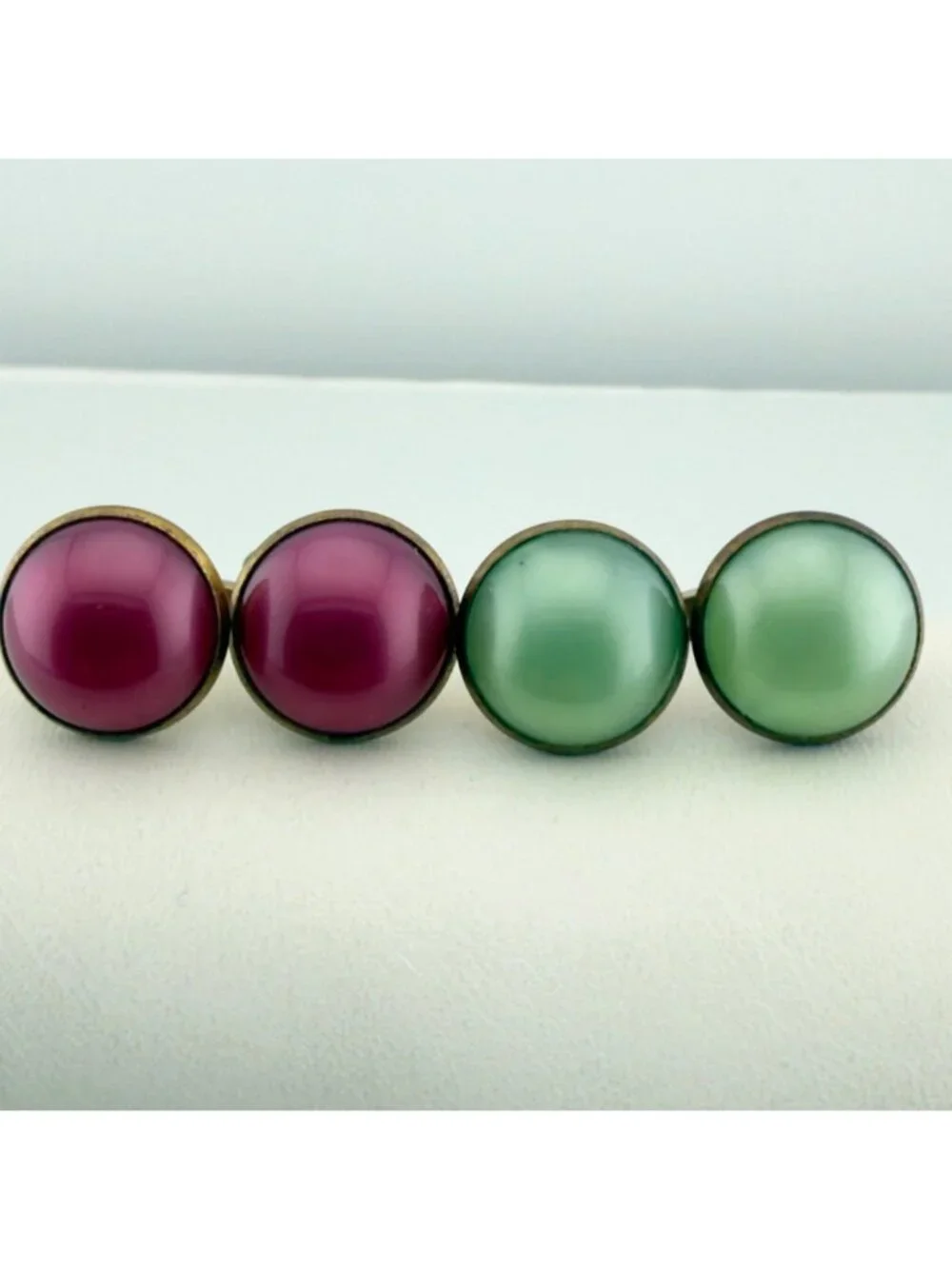 Vintage Round Cabochon Cufflinks Set of 2 Green Pink Mid Century